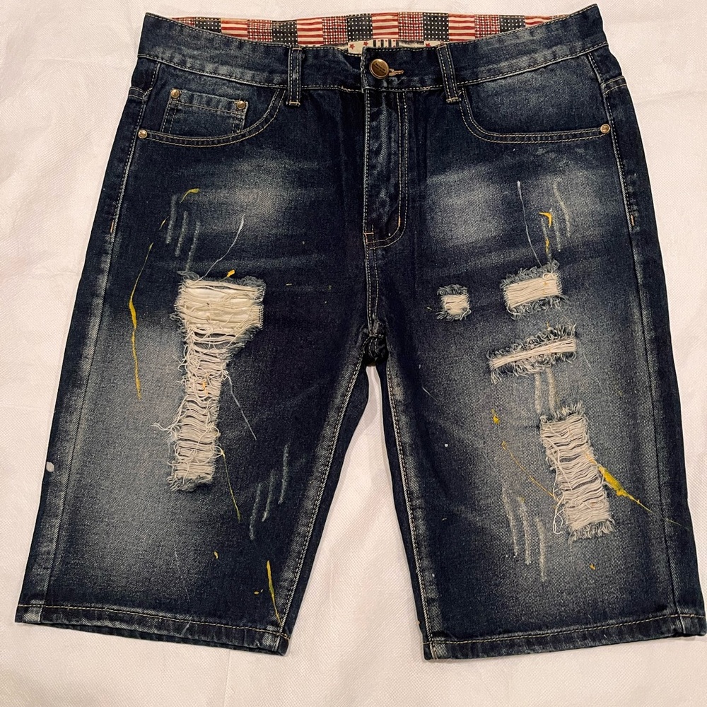 Men’s Fashion Jeans Distressed Denim Shorts in Dark Blue Vintage Look size M